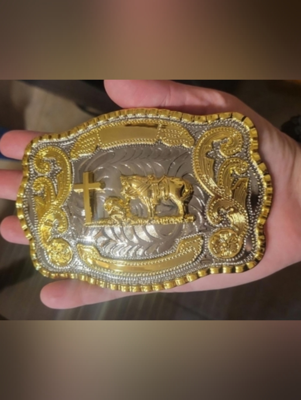 HUGE 5.9" cowboy praying at cross, Horse Or Scorpion with horse Belt buckle